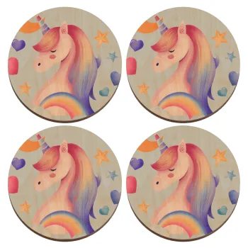 Cute unicorn, ΣΕΤ x4 Σουβέρ ξύλινα στρογγυλά plywood (9cm)