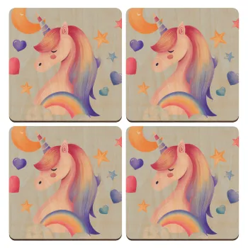 Cute unicorn, ΣΕΤ x4 Σουβέρ ξύλινα τετράγωνα plywood (9cm)