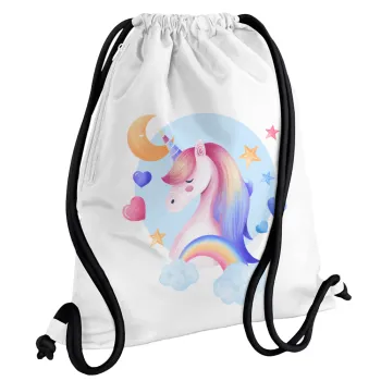 Cute unicorn, Backpack pouch GYMBAG white, with pocket (40x48cm) & thick cords