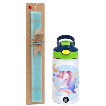 Cute unicorn, Easter Set, Children's thermal stainless steel bottle with safety straw, green/blue (350ml) & aromatic flat Easter candle (30cm) (TURQUOISE)