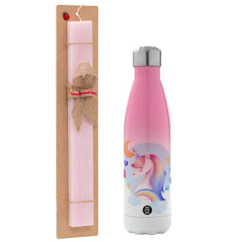 Cute unicorn, Easter Set, Metallic pink/white (Stainless steel) thermos, double-walled, 500ml & aromatic flat Easter candle (30cm) (PINK)