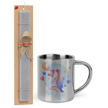 Cute unicorn, Easter Set, metallic thermal cup (300ml) & Easter aromatic flat candle (30cm) (GRAY)
