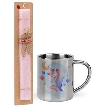 Cute unicorn, Easter Set, metallic thermal cup (300ml) & aromatic flat Easter candle (30cm) (PINK)