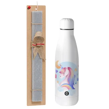 Cute unicorn, Easter Set, metallic stainless thermos bottle (500ml) & scented flat Easter candle (30cm) (GRAY)