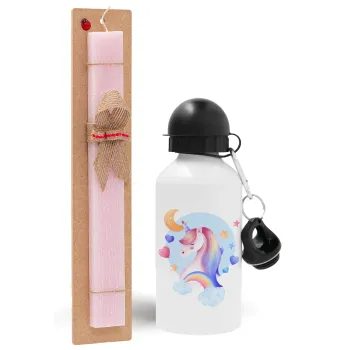 Cute unicorn, Easter Set, metallic aluminum bottle (500ml) & aromatic flat Easter candle (30cm) (PINK)