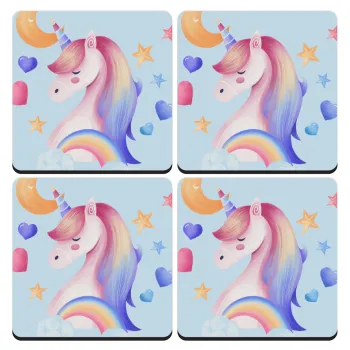 Cute unicorn, ΣΕΤ 4 Σουβέρ ξύλινα τετράγωνα (9cm)