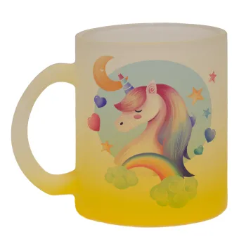 Cute unicorn, Κούπα γυάλινη δίχρωμη με βάση το κίτρινο ματ, 330ml