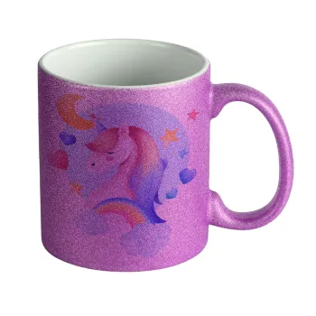 Cute unicorn, Κούπα Μωβ Glitter που γυαλίζει, κεραμική, 330ml