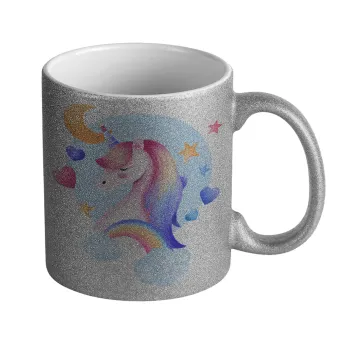 Cute unicorn, Κούπα Ασημένια Glitter που γυαλίζει, κεραμική, 330ml