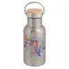 Stainless steel metallic thermos flask, silver with a bamboo lid, double-walled, 350ml.