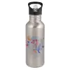 Water bottle Silver with straw, stainless steel 600ml