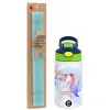 Easter Set, Children's thermal stainless steel bottle with safety straw, green/blue (350ml) & aromatic flat Easter candle (30cm) (TURQUOISE)