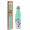 Easter Set, Metallic green/white thermos (Stainless steel), double-walled, 500ml & scented flat Easter candle (30cm) (TURQUOISE)