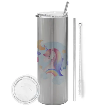 Cute unicorn, Tumbler stainless steel Silver 600ml, with metal straw & cleaning brush