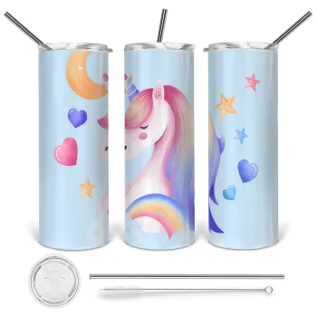 Μονόκερος, Tumbler ποτήρι θερμό από ανοξείδωτο ατσάλι 600ml, με μεταλλικό καλαμάκι & βούρτσα καθαρισμού