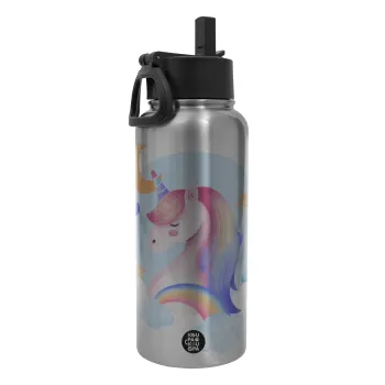 Cute unicorn, Metal mug thermo Silver with Straw and Spout Lid (Stainless steel), double wall, 950ml