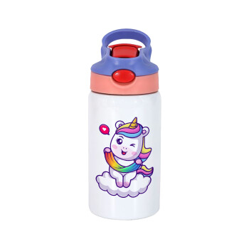 Heart unicorn, Children's hot water bottle, stainless steel, with safety straw, pink/purple (350ml)