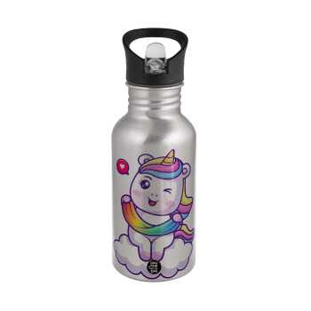 Heart unicorn, Water bottle Silver with straw, stainless steel 500ml