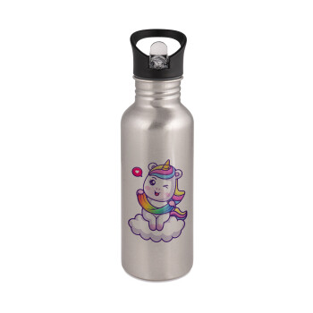 Heart unicorn, Water bottle Silver with straw, stainless steel 600ml
