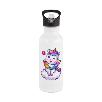 Heart unicorn, White water bottle with straw, stainless steel 600ml