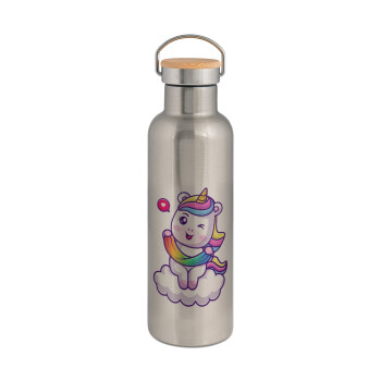 Heart unicorn, Stainless steel Silver with wooden lid (bamboo), double wall, 750ml