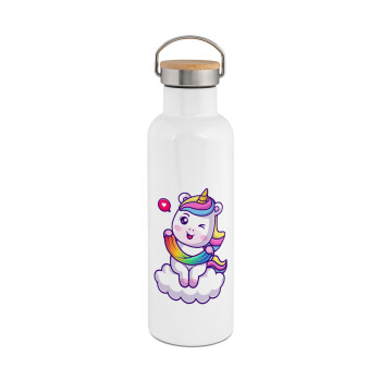 Heart unicorn, Stainless steel White with wooden lid (bamboo), double wall, 750ml