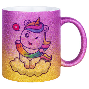 Heart unicorn, Κούπα Χρυσή/Ροζ Glitter, κεραμική, 330ml
