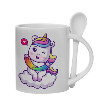 Heart unicorn, Ceramic coffee mug with Spoon, 330ml (1pcs)