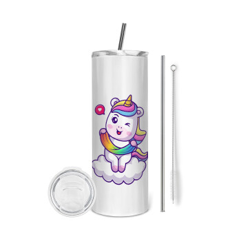 Heart unicorn, Eco friendly stainless steel tumbler 600ml, with metal straw & cleaning brush