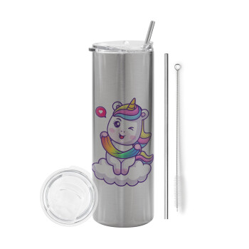 Heart unicorn, Eco friendly stainless steel Silver tumbler 600ml, with metal straw & cleaning brush
