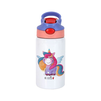 Μονόκερος, Children's hot water bottle, stainless steel, with safety straw, pink/purple (350ml)
