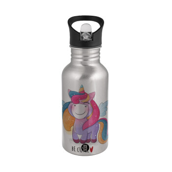 Pink unicorn, Water bottle Silver with straw, stainless steel 500ml