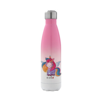 Pink unicorn, Metal mug thermos Pink/White (Stainless steel), double wall, 500ml