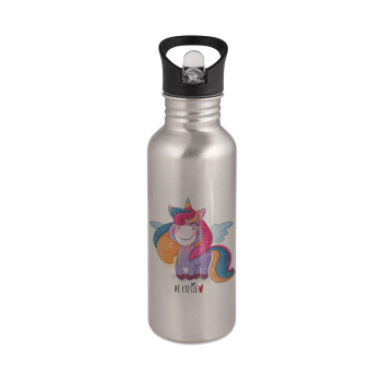 Pink unicorn, Water bottle Silver with straw, stainless steel 600ml