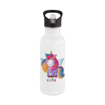 Pink unicorn, White water bottle with straw, stainless steel 600ml