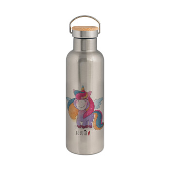 Pink unicorn, Stainless steel Silver with wooden lid (bamboo), double wall, 750ml