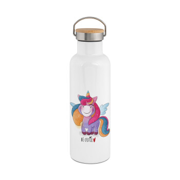 Pink unicorn, Stainless steel White with wooden lid (bamboo), double wall, 750ml