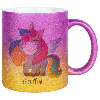 Pink unicorn, Κούπα Χρυσή/Ροζ Glitter, κεραμική, 330ml