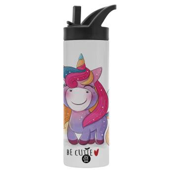 Μονόκερος, Μεταλλικό παγούρι θερμός με καλαμάκι & χειρολαβή, ανοξείδωτο ατσάλι (Stainless steel 304), διπλού τοιχώματος, 600ml