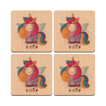 Μονόκερος, ΣΕΤ x4 Σουβέρ ξύλινα τετράγωνα plywood (9cm)