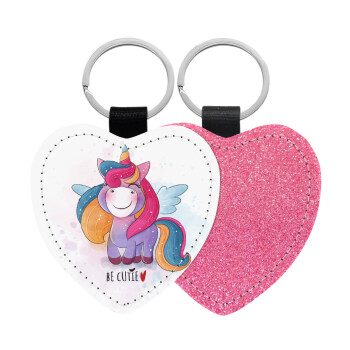 Μονόκερος, Μπρελόκ PU δερμάτινο glitter καρδιά ΡΟΖ