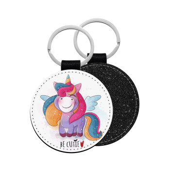 Pink unicorn, Μπρελόκ Δερματίνη, στρογγυλό ΜΑΥΡΟ (5cm)