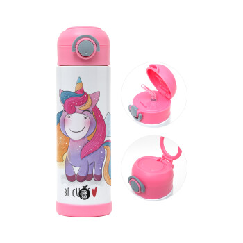 Μονόκερος, Παιδικό παγούρι θερμό, ανοξείδωτο, με καλαμάκι ασφαλείας, ΡΟΖ (500ml)