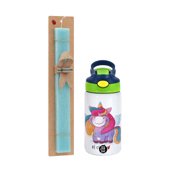 Pink unicorn, Πασχαλινό Σετ, Παιδικό παγούρι θερμό, ανοξείδωτο, με καλαμάκι ασφαλείας, πράσινο/μπλε (350ml) & πασχαλινή λαμπάδα αρωματική πλακέ (30cm) (ΤΙΡΚΟΥΑΖ)