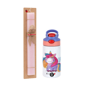 Pink unicorn, Πασχαλινό Σετ, Παιδικό παγούρι θερμό, ανοξείδωτο, με καλαμάκι ασφαλείας, ροζ/μωβ (350ml) & πασχαλινή λαμπάδα αρωματική πλακέ (30cm) (ΡΟΖ)