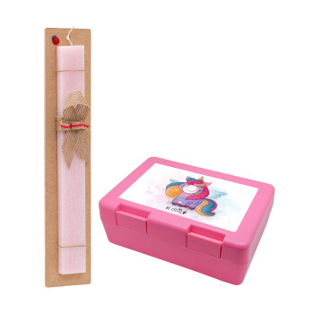 Pink unicorn, Πασχαλινό Σετ, παιδικό δοχείο κολατσιού ΡΟΖ & πασχαλινή λαμπάδα αρωματική πλακέ (30cm) (ΡΟΖ)