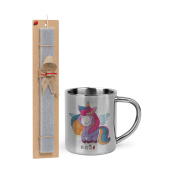 Μονόκερος, Πασχαλινή Λαμπάδα με μεταλλική κούπα θερμό (300ml) & κερί αρωματικό πλακέ (30cm) (ΓΚΡΙ)