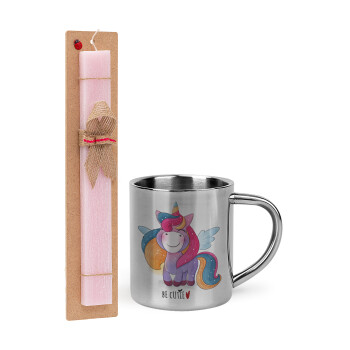 Pink unicorn, Πασχαλινό Σετ, μεταλλική κούπα θερμό (300ml) & πασχαλινή λαμπάδα αρωματική πλακέ (30cm) (ΡΟΖ)