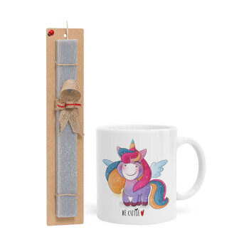 Μονόκερος, Πασχαλινή Λαμπάδα με Κούπα κεραμική (330ml) & κερί αρωματικό πλακέ (30cm) (ΓΚΡΙ)