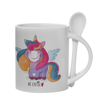 Pink unicorn, Ceramic coffee mug with Spoon, 330ml (1pcs)